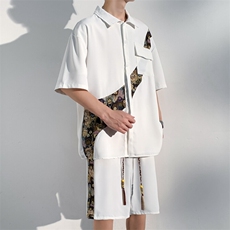 1小熊短袖衬衫男+短裤大码M-5XL套装92%聚酯纤维8%氨纶TZ77057P70，男装衬衫，星座226-2