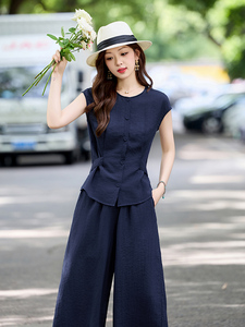 无袖上衣阔腿裤两件套装女夏季2025新款小个子休闲减龄穿搭一整套图片