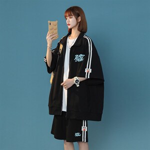 中性 夏季潮流华夫格宽松运动风开衫T恤情侣套装 TZ656 P85控108图片