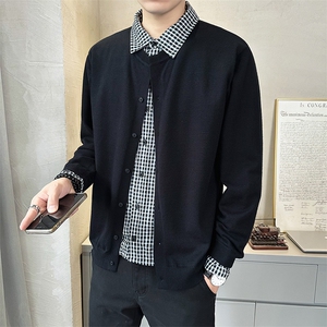 2025假两件老钱风复古极简设计拼接衬衫男士休闲针织衫1176-P95图片