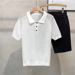 插肩袖针织短袖POLO衫男士夏季蜂窝纹休闲翻领T恤衫百搭半袖体恤图片