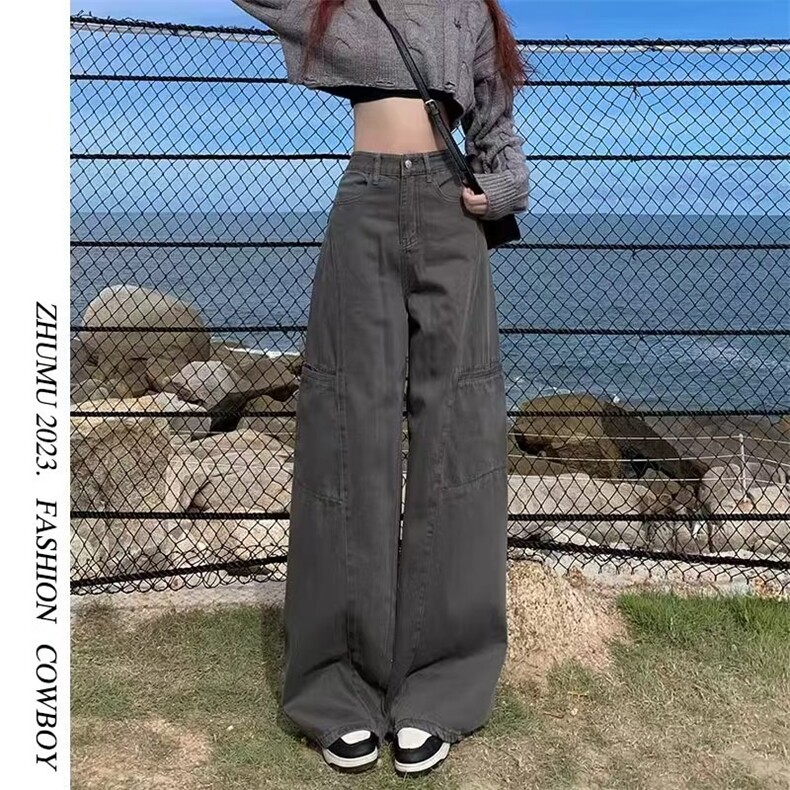 美式复古灰色工装裤女夏季新款高腰宽松阔腿显瘦百搭直筒牛仔裤子图片
