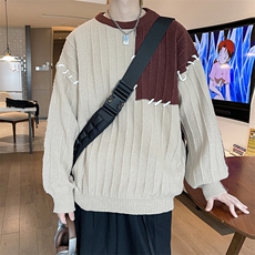 秋冬男圆领套头毛衣条纹拼色穿孔抽绳针织衫休闲外套M6008P50，男装针织衫/毛衣，星座1013-1