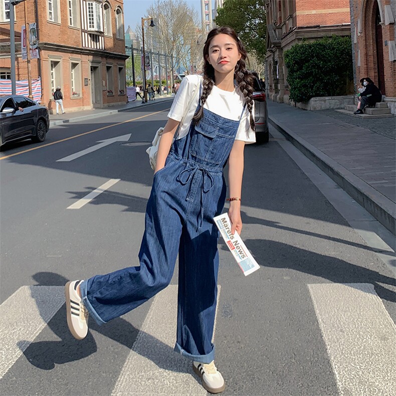 深蓝夏收腰牛仔背带裤女小个子高腰宽松直筒长裤新款时尚,女装连体裤,辉之琳