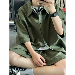 林社长网图慎用同款泡泡格短袖男女工装短袖衬衫套装TZ555-P55图片