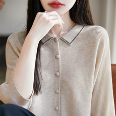 春秋装开衫女POLO翻领针织衫外套外搭宽松，女装针织衫/毛衣，暖烁特种纱工厂店