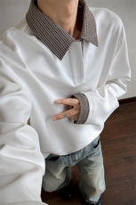 美式千鸟格拼接长袖T恤男款秋季老钱风正肩潮牌POLO衫翻领打底衫，男装T恤，电商A102