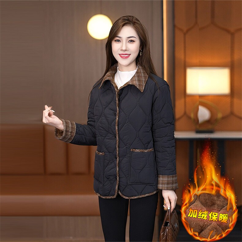 新款加绒拼接时尚格纹翻领棉服892P120,女装棉衣/棉服,乐衣轩