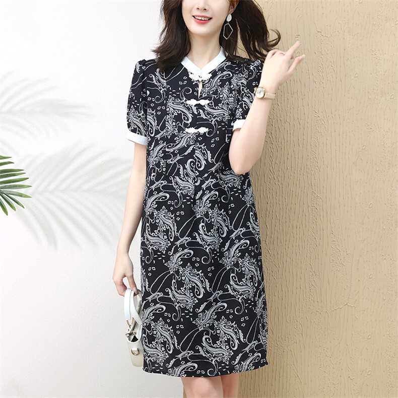 2022年夏季时尚有范潮流白立领盘扣舒适透气连衣裙,女装连衣裙,梦芯尔