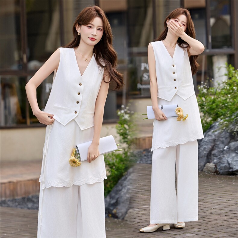 现货轻熟风气质套装女2026夏季麻料薄款西装马甲上衣阔腿裤两件套，女装套装/套裙，艾仟回(原伊仟回)