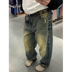 CP1176-P44美式做旧牛仔裤男女阔腿休闲宽松街头复古水洗长裤，男装牛仔裤，电商B323A