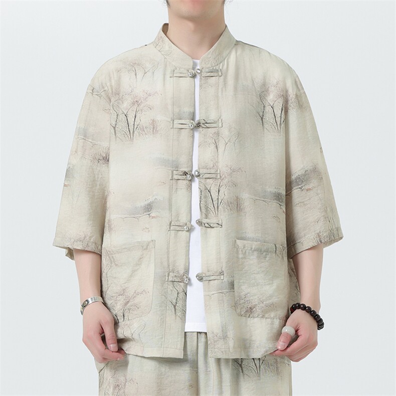 2025夏季新款风男装盘扣新中式唐装竹叶印花衬衫 C115-P50图片
