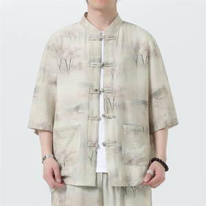 2025夏季新款风男装盘扣新中式唐装竹叶印花衬衫 C115-P50图片
