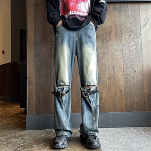美式高街复古做旧立体拼接微喇牛仔裤男潮牌阔腿长裤子N0989-P55图片