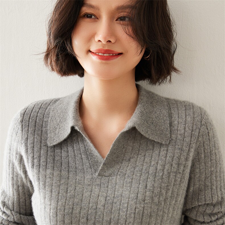 秋季新款翻领修身显瘦女士长袖35%羊绒衫,女装羊绒衫,七柒羊绒