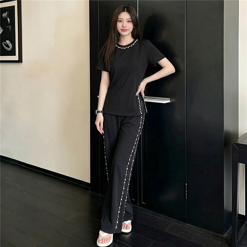 高级感时尚炸街阔腿裤套装女夏季新款洋气显瘦钉珠开叉上衣两件套，女装套装/套裙，江南