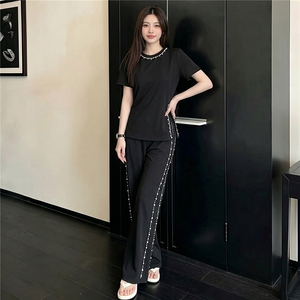高级感时尚炸街阔腿裤套装女夏季新款洋气显瘦钉珠开叉上衣两件套，女装套装/套裙，江南