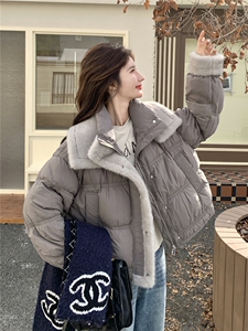 灰色短款泡芙羽绒服女2025冬季高级感毛毛拼接保暖90白鸭绒厚外套图片
