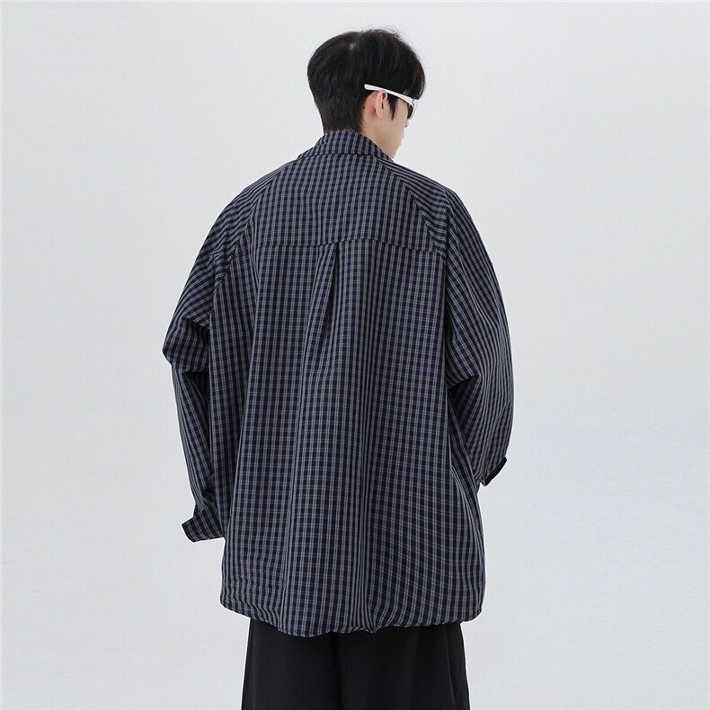 美式复古格纹衬衫男春季宽松长袖衬衣暗黑潮流翻领打底衬衫男p58,男装衬衫,电商C307