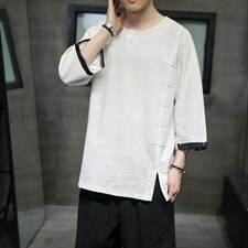 2025夏季新款风棉麻唐装短袖体恤男七分袖QT6008-1/T063/P60，男装T恤，电商A008