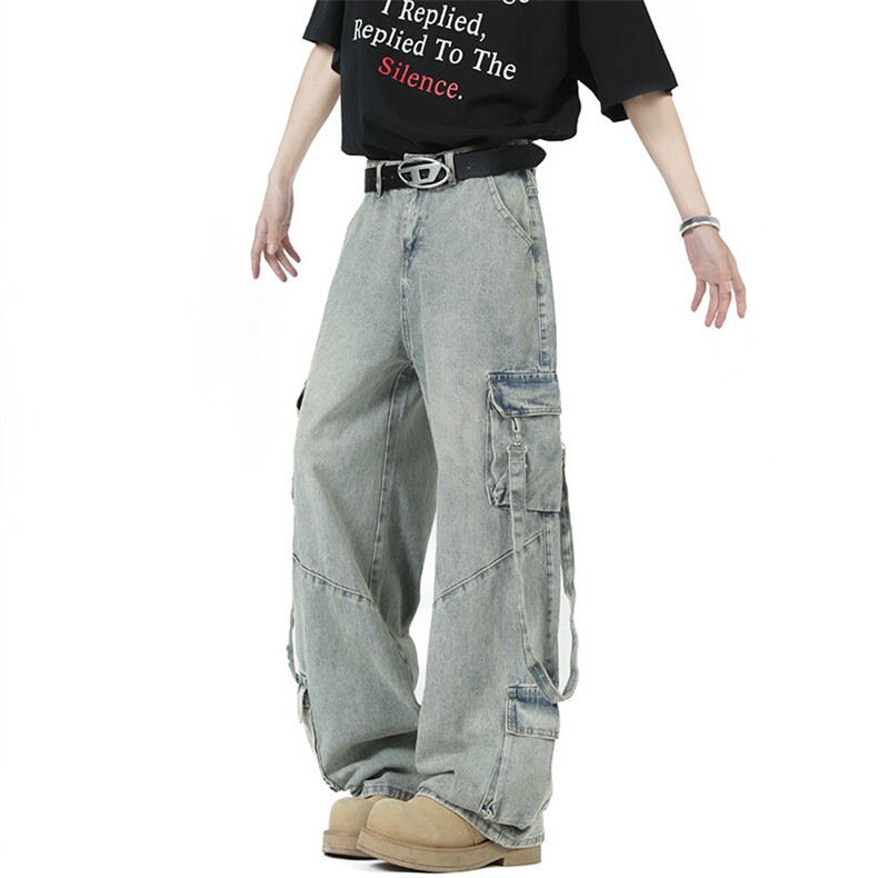 美式飘带水洗牛仔裤男女高街多口袋工装裤宽松阔腿长裤潮N065-P63,男装牛仔裤,星座308B-1