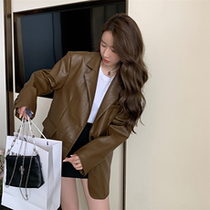 咖色皮衣西装外套女2023年春秋新款韩系高级感小个子炸街休闲西服，女装西装，2C037