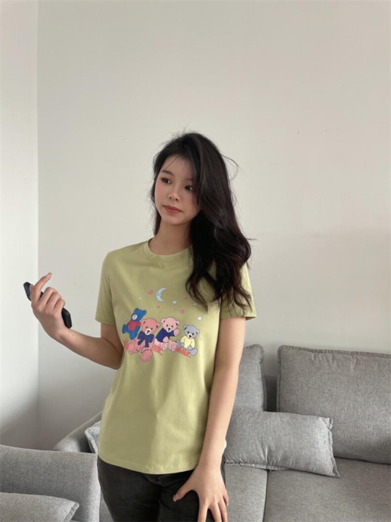 夏季新款可爱风卡通图案小熊短袖T恤,女装T恤,L·H·X