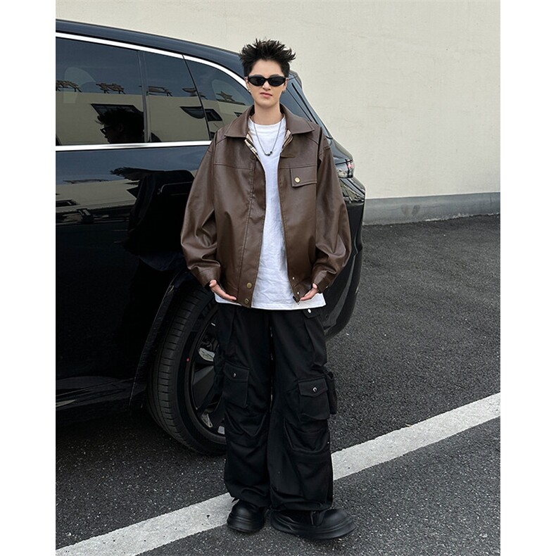 两面穿格子皮衣外套男女春秋高级感机车PU皮夹克上衣JK09352-P85,男装夹克,星座308B-1