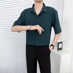 冰丝短袖衬衫男夏季高级垂感坠感暗扣休闲寸衫大码五分袖衬衣 D7图片