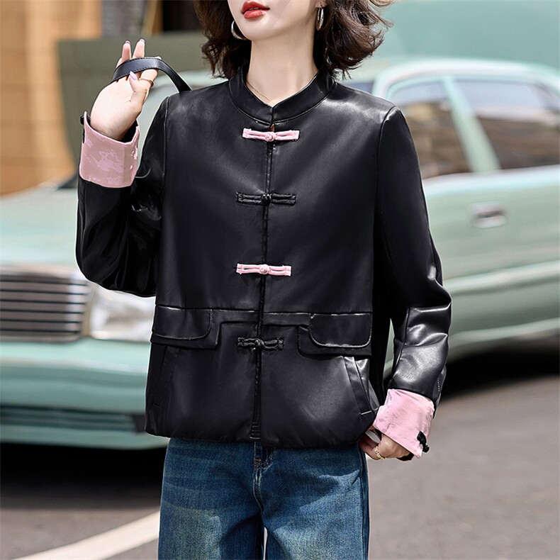 现货新中式仿真皮衣女短款2024新中式仿绵羊皮盘扣夹克外套女减龄,女装皮衣,江南女神