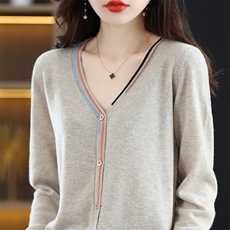 V领拼色羊毛开衫女宽松慵懒风简约气质长袖毛衣外套羊绒衫，女装羊毛衫，秋虹羊绒