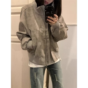 夹克复古扎染皮衣外套男秋冬款拼接飞行员加绒棒球服 JG114图片