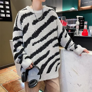 水貂绒斑马纹毛衣男冬季美式复古慵懒风针织衫加厚保暖高级感外套图片