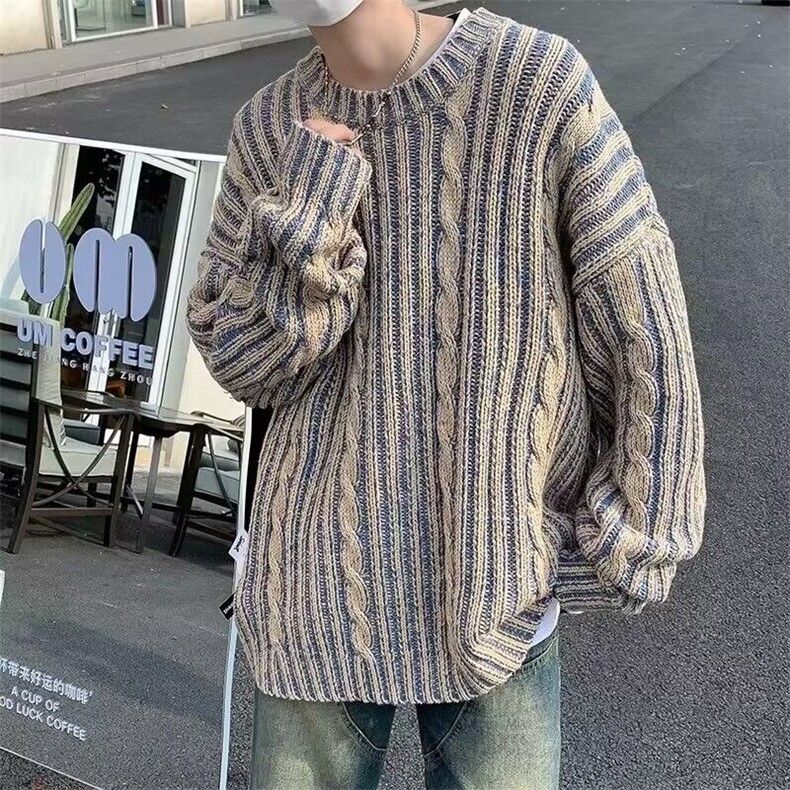 复古条纹撞色毛衣男秋冬韩系风格穿搭圆领休闲情侣针织衫图片