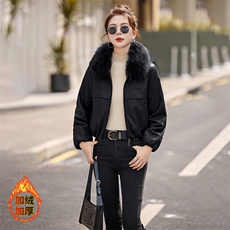 安可拉红加绒加厚短款皮衣外套女款2024冬季新款真毛领皮棉服夹克，女装皮衣，美拉德工厂直营店