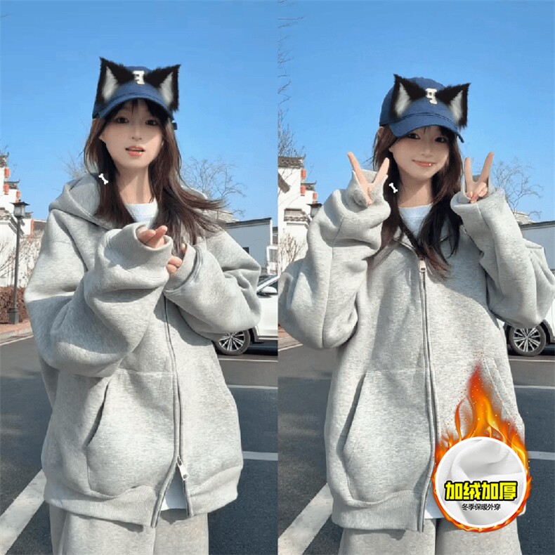 480G重磅加绒硬挺boxy男女秋冬美式高街结构双拉链开衫卫衣厚外套,女装短外套,电商A486-1