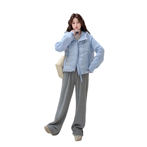 韩系蓝色针织拼接连帽排骨羽绒服外套女秋冬2025新款轻薄白鸭绒图片