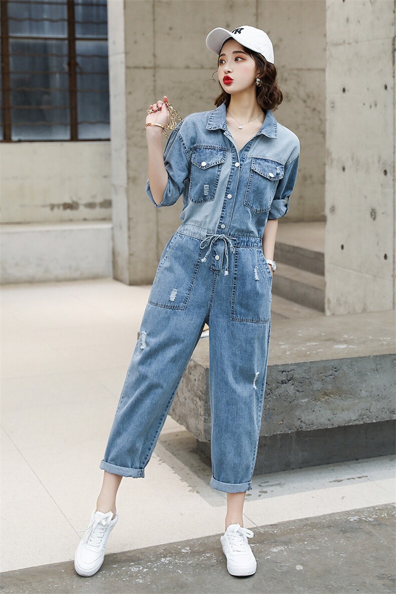 牛仔连体裤女2022夏季新款女装高腰显瘦百搭帅气工装休闲连衣裤潮,女装休闲裤,慧尚依恋