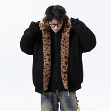 豹纹座山雕麂皮猫耳朵连帽棉服外套加厚棉衣2312P118，男装棉衣，星座506-1