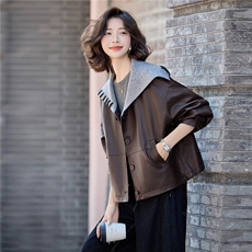 设计感针织披肩领拼接皮衣外套女2025秋季新款超好看pu皮夹克上衣，女装皮衣，臻衣坊