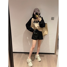 撞色字母涂鸦连帽卫衣女2022早秋新款韩版宽松慵懒风长袖短款上衣，女装卫衣/绒衫，辉之琳