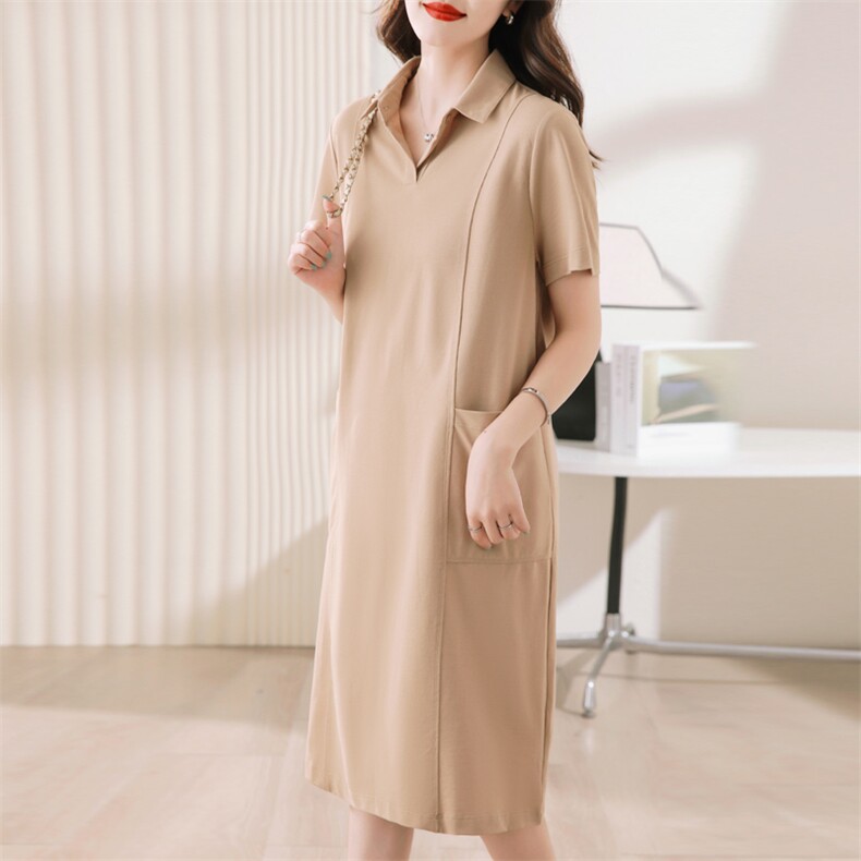 休闲直筒polo连衣裙2024新款气质翻领短袖裙子女夏中长款，女装连衣裙，涵誉