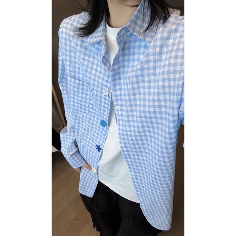 GENIOLAMODE多巴胺泡泡纱格纹长袖衬衫男女秋季宽松情侣休闲衬衣,男装衬衫,电商A102