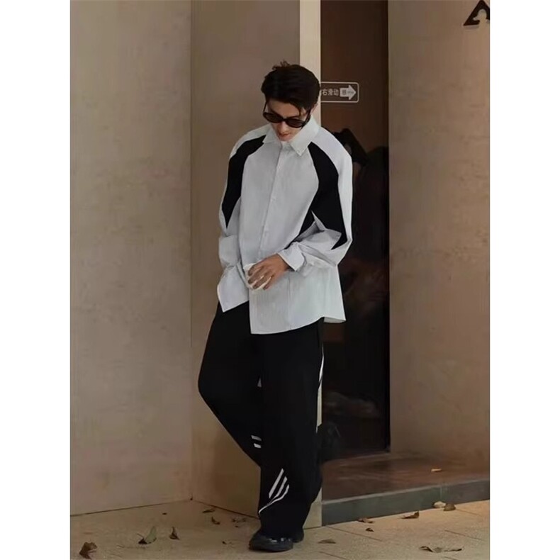 日系cityboy港风竖条纹衬衫男女高级感长袖拼接解构休闲衬衣外套,男装衬衫,星座1210-1