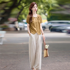 老钱风休闲气质套装女2025夏季新款洋气减龄短袖小衫阔腿裤两件套，女装套装/套裙，依万里