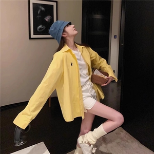 刺绣黄色长袖衬衫男女春夏季宽松百搭上衣防晒情侣外套衬衣图片