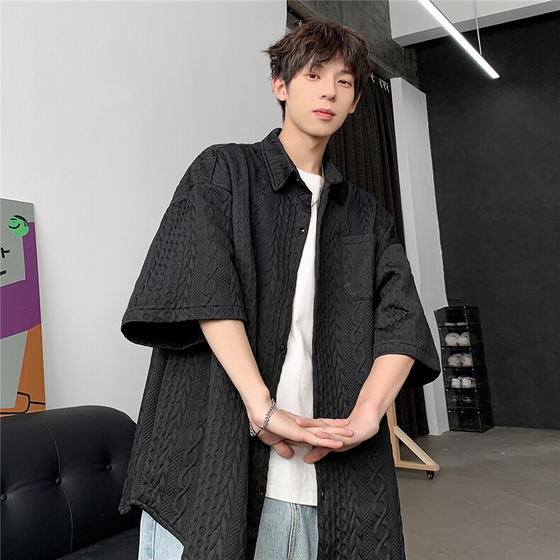 2026夏男翻领短袖五分袖衬衫潮牌男青少年衬衣 CS110/特P25 黑色5图片
