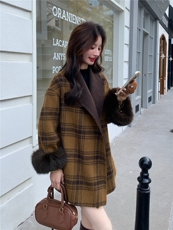 现货新款双面羊绒大衣带袖毛格子配腰带时尚洋气，女装双面呢大衣，网红馆