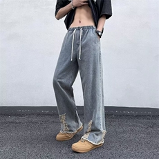 破洞毛边直筒牛仔裤男女2023新款复古高街潮牌阔腿裤N07206-P43，男装牛仔裤，星座308B-2