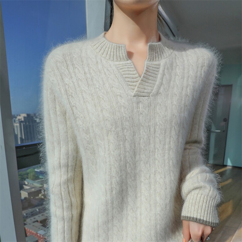 2025秋冬百搭时尚简约v领长袖针织衫，女装针织衫/毛衣，冬贝尔貂绒